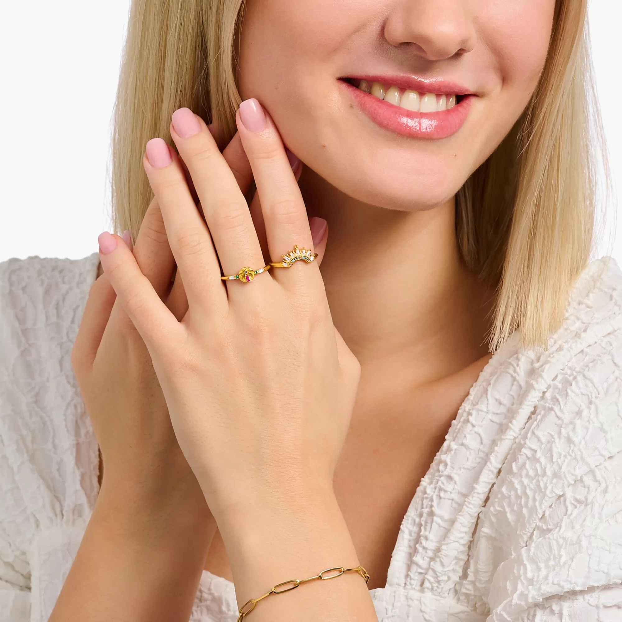 Hot THOMAS SABO Bague arborant des rayons de soleil et des gemmes multicolores dorée