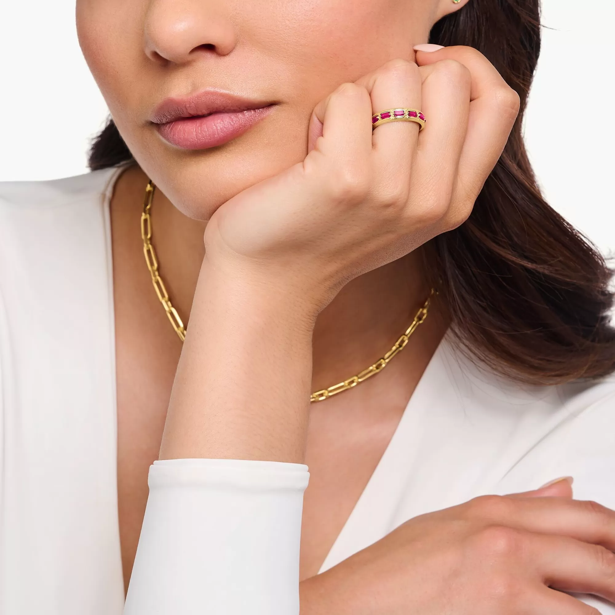 Hot THOMAS SABO Bague écailles de crocodile dorée ornée de gemmes rouges