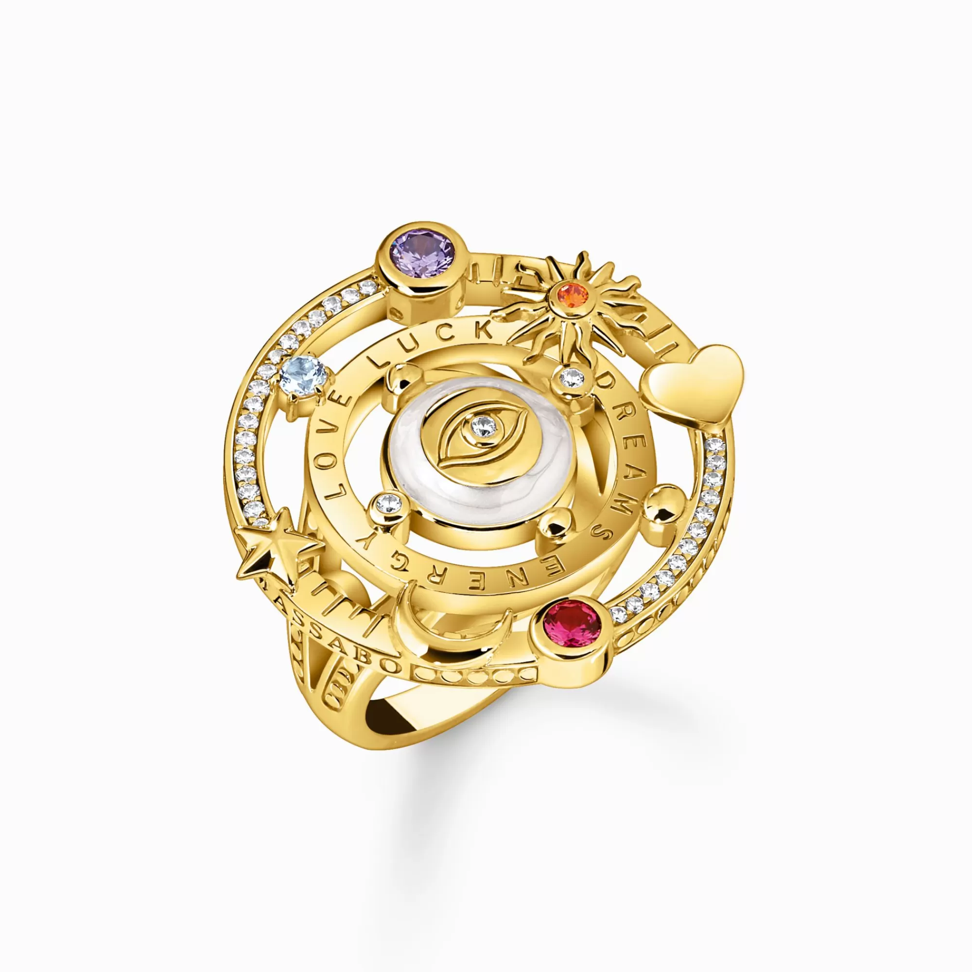 New THOMAS SABO Bague cocktail au design cosmique avec des pierres multicolores plaquée or