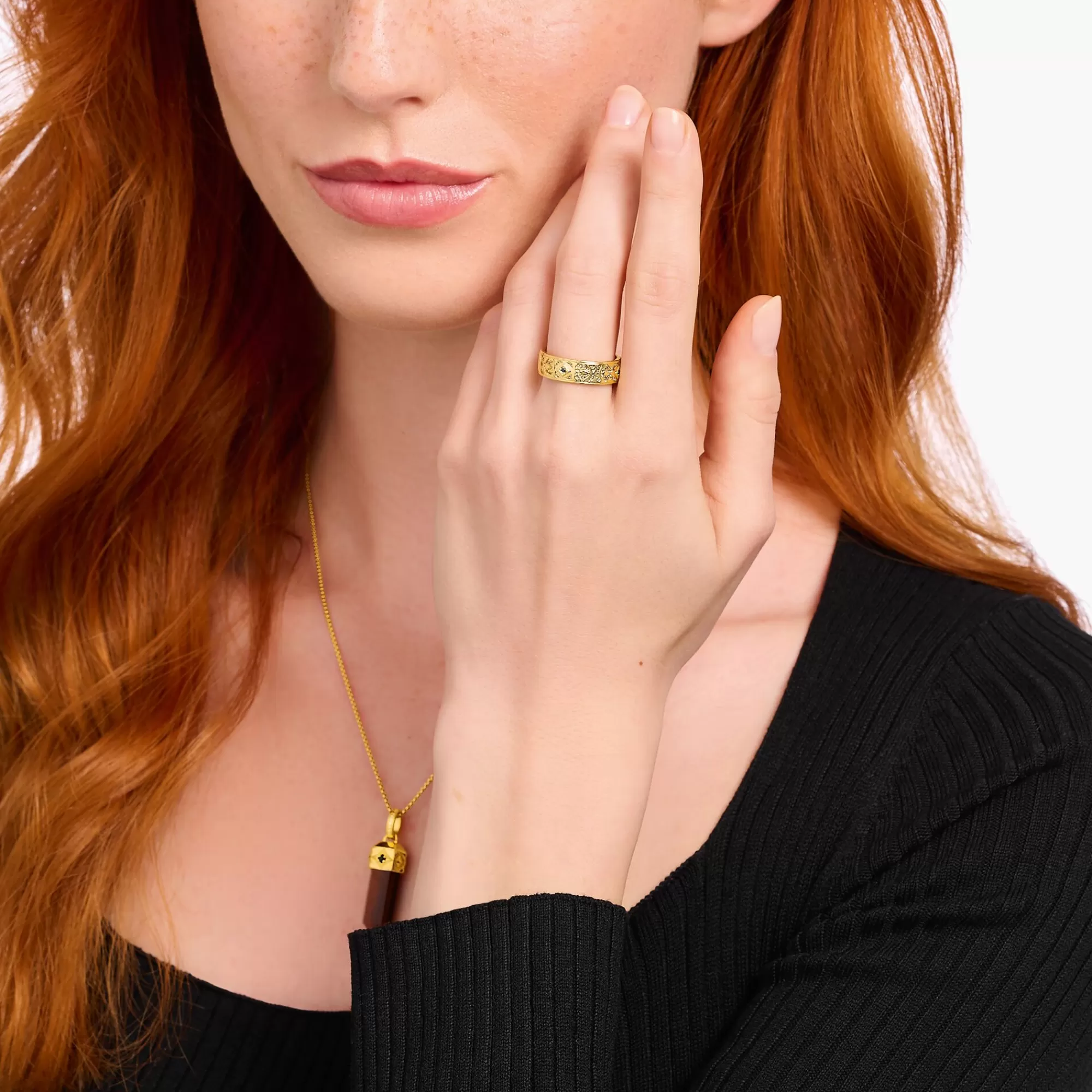 Hot THOMAS SABO Bague ruban plaquée or, ornée de gemmes noires et de motifs
