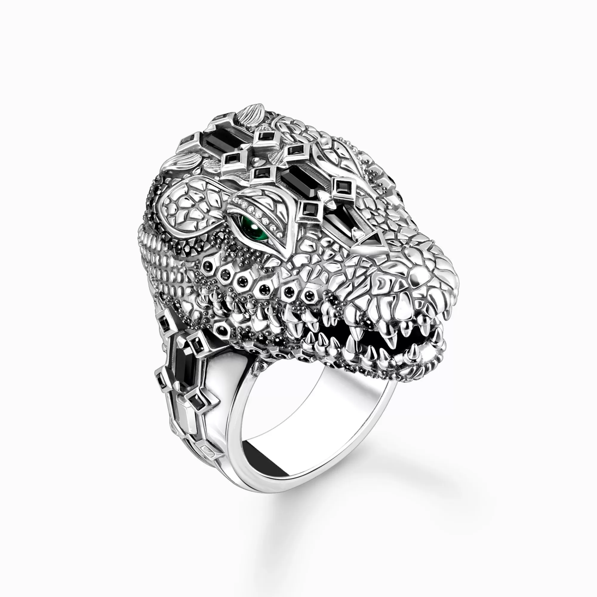 Hot THOMAS SABO Bague tête de crocodile, argent noirci et gemmes noires et vertes