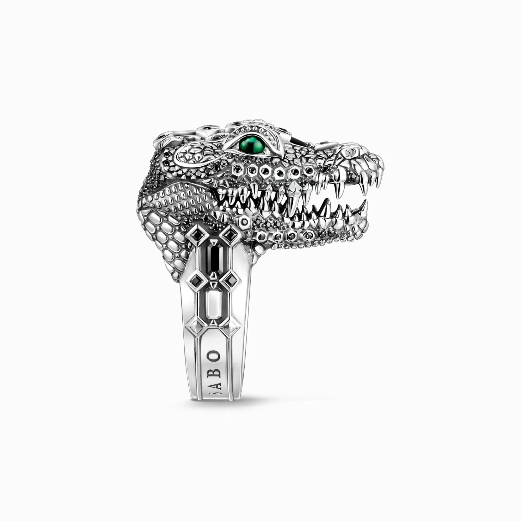 Hot THOMAS SABO Bague tête de crocodile, argent noirci et gemmes noires et vertes