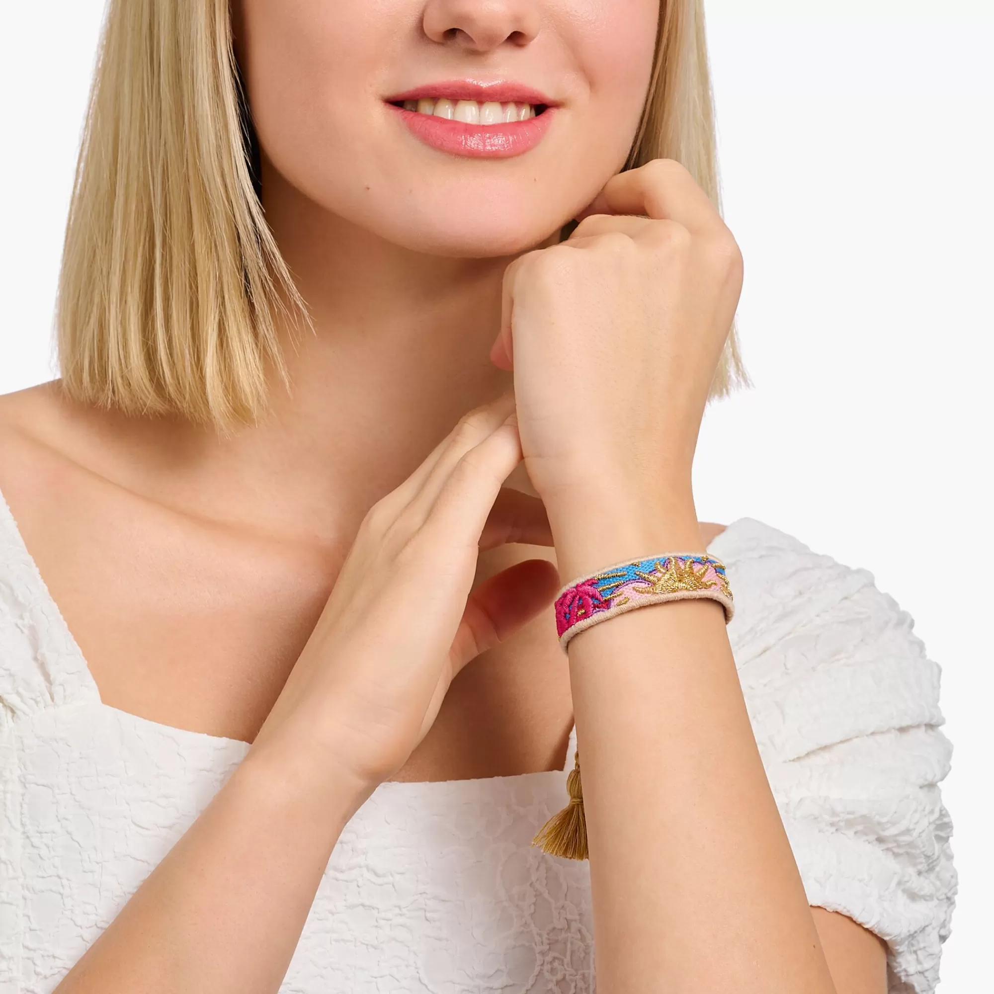 Flash Sale THOMAS SABO Bracelet tissé arborant un soleil doré, un palmier rose fuchsia et un cactus vert