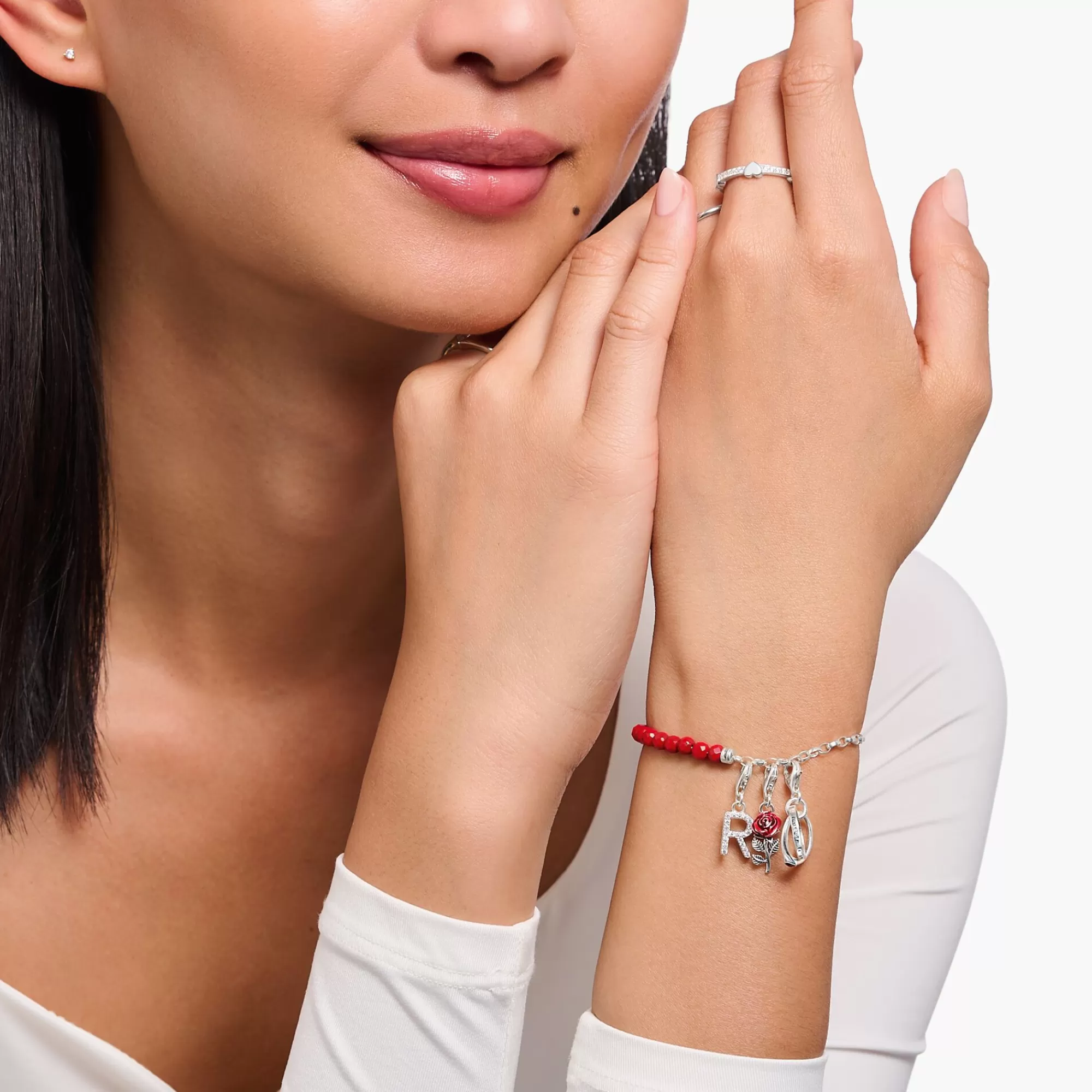 Flash Sale THOMAS SABO Breloque Charm anneaux Together en argent, orné d’une gemme rouge