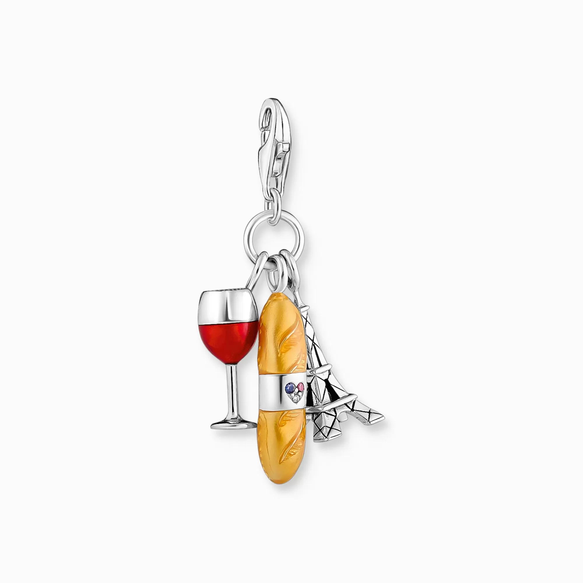 New THOMAS SABO Breloque Charm verre de vin rouge, baguette et tour Eiffel en argent