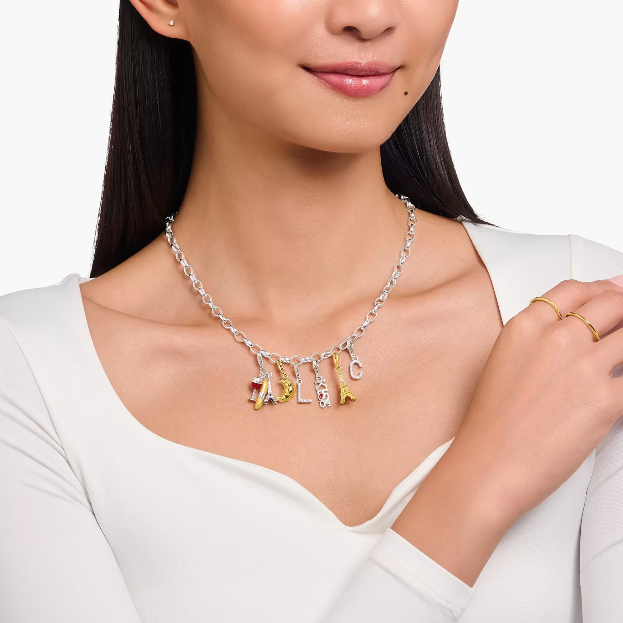 New THOMAS SABO Breloque Charm verre de vin rouge, baguette et tour Eiffel en argent