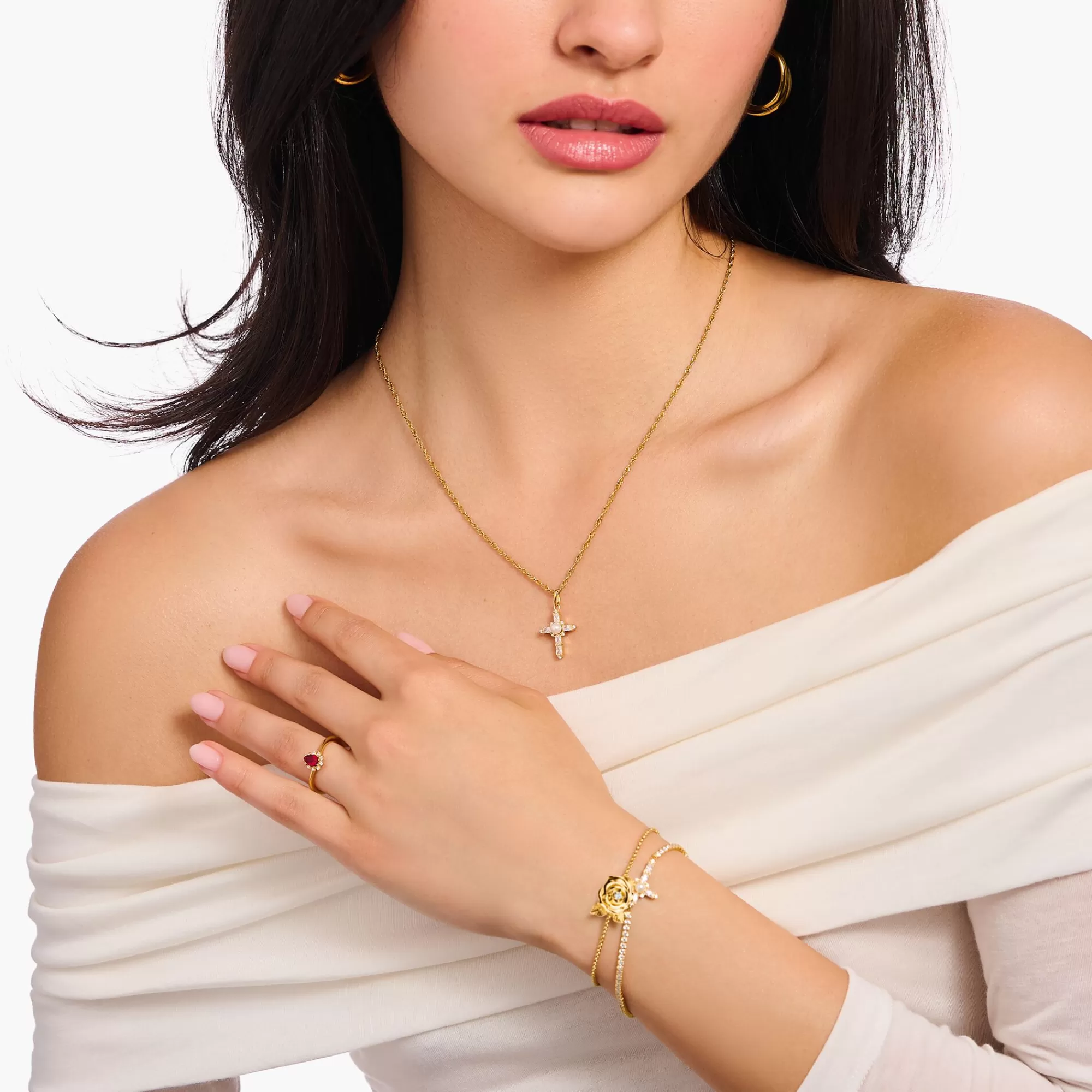 Hot THOMAS SABO Chaîne avec pendentif croix blanche Cross Romance plaqué or