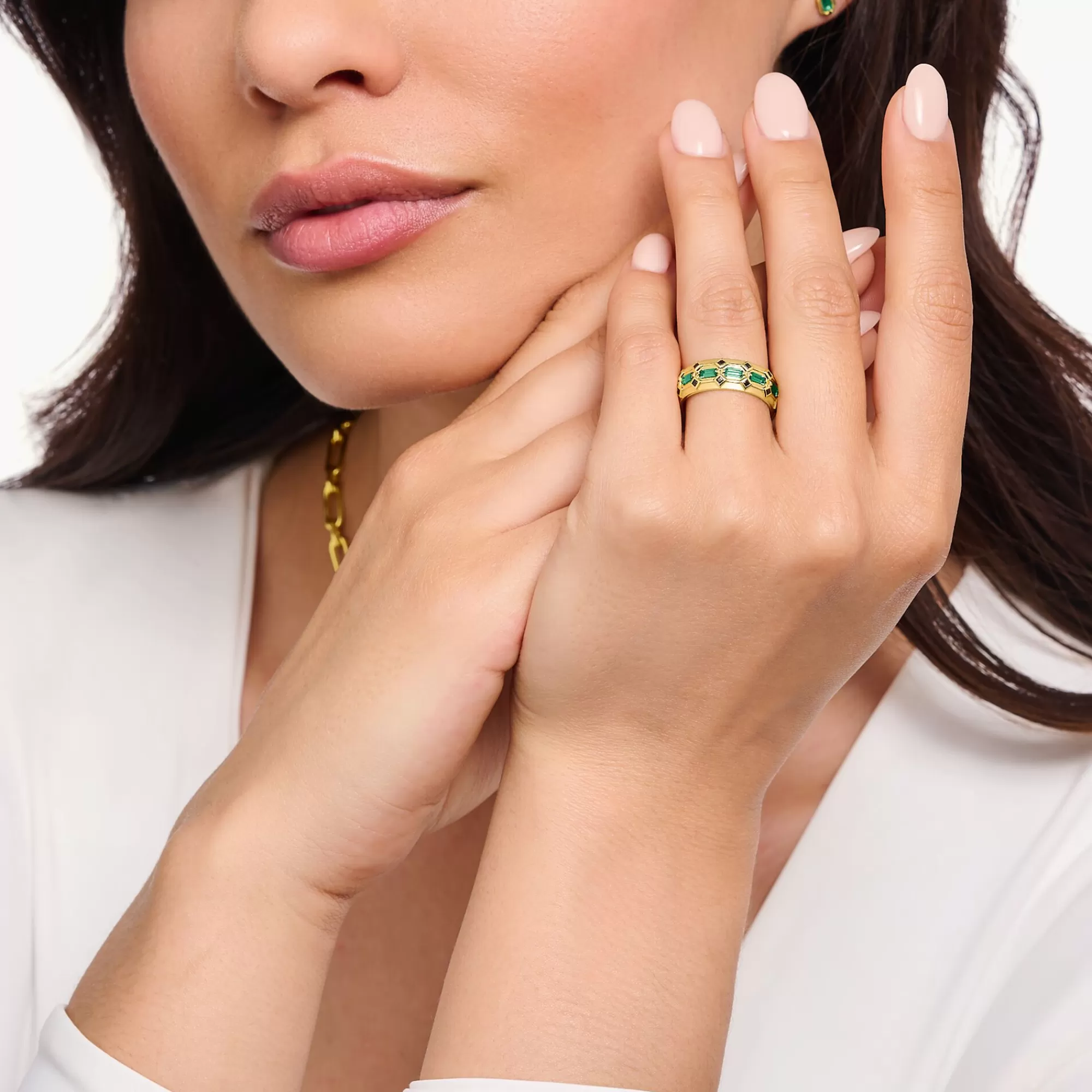 New THOMAS SABO Large bague écailles de crocodile dorée ornée de gemmes vert émeraude