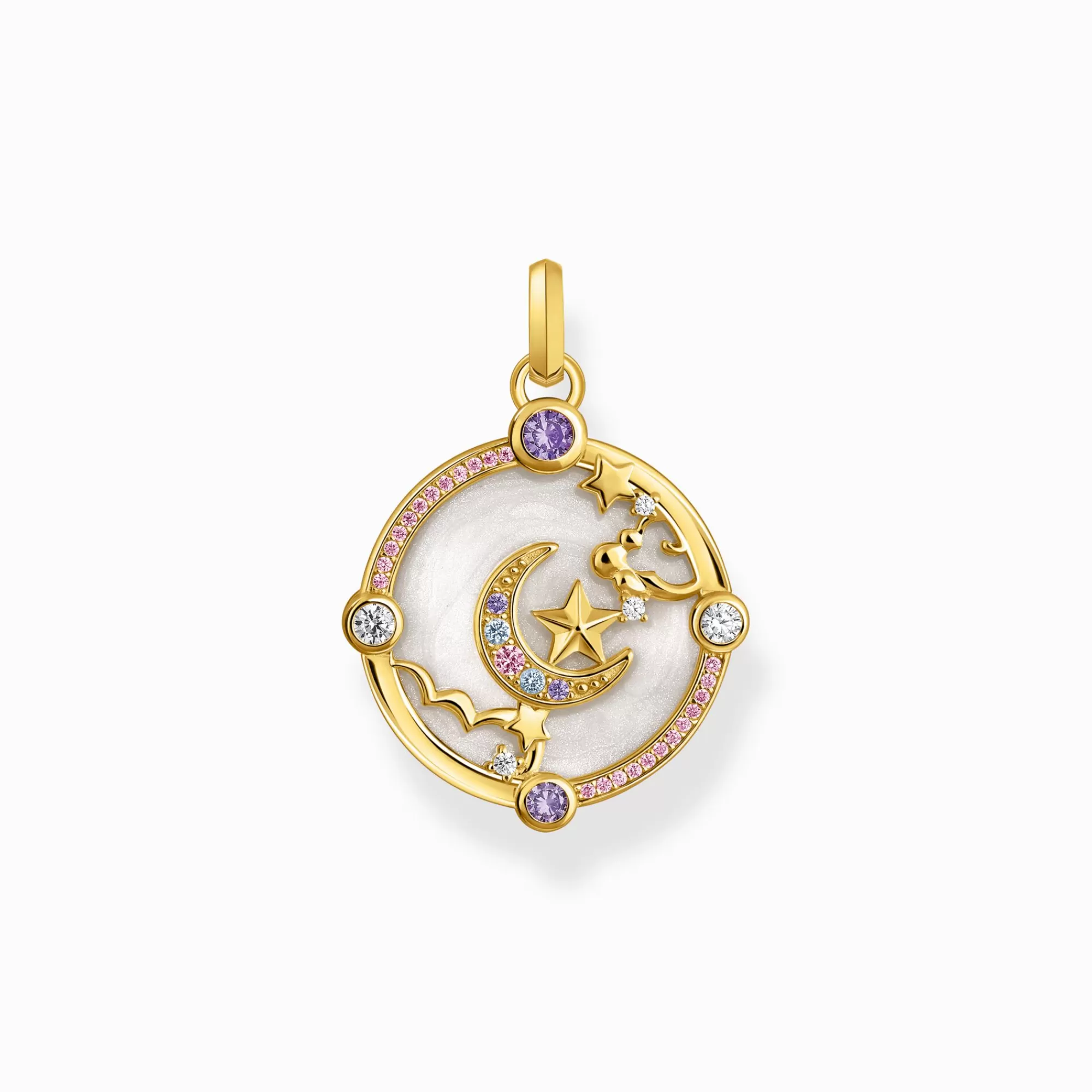 Hot THOMAS SABO Petit pendentif avec croissant de lune et pierres multicolores plaqué or